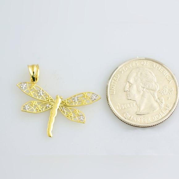 🆕 14k Solid Yellow/White Gold Dragonfly Pendant Diamond Cut - Picture 11 of 13